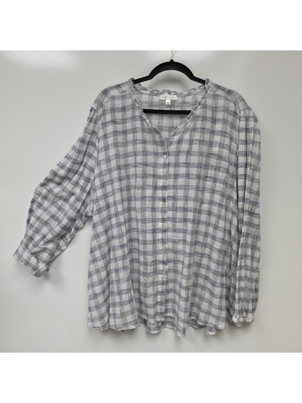 Daily Thread Shirt Womens 3X Gray Plaid Button Ruffle Long Sleeve Tunic Top
